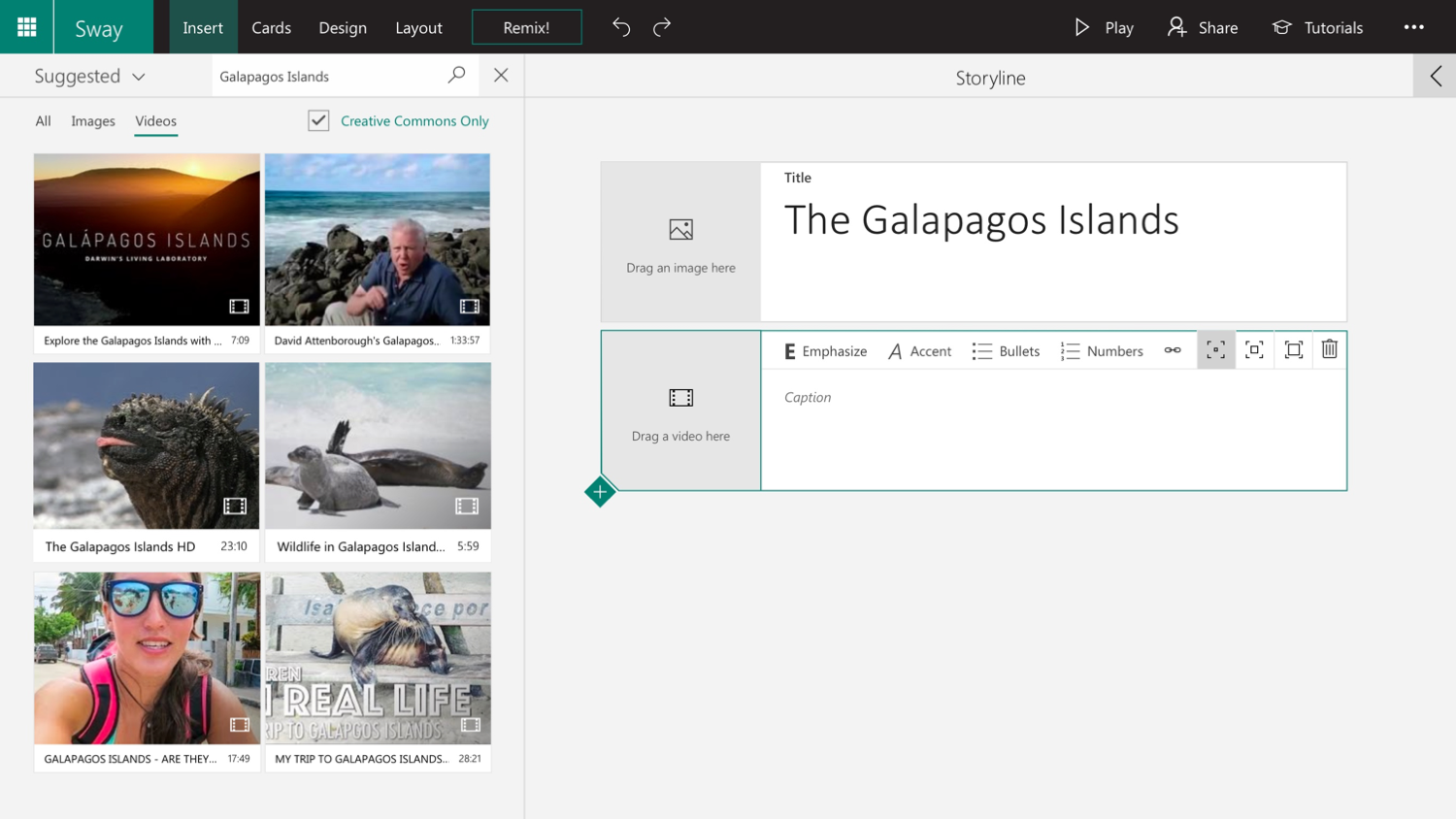 The Sway interface with content filters 'All', 'Images', and 'Videos', with 'Videos' selected