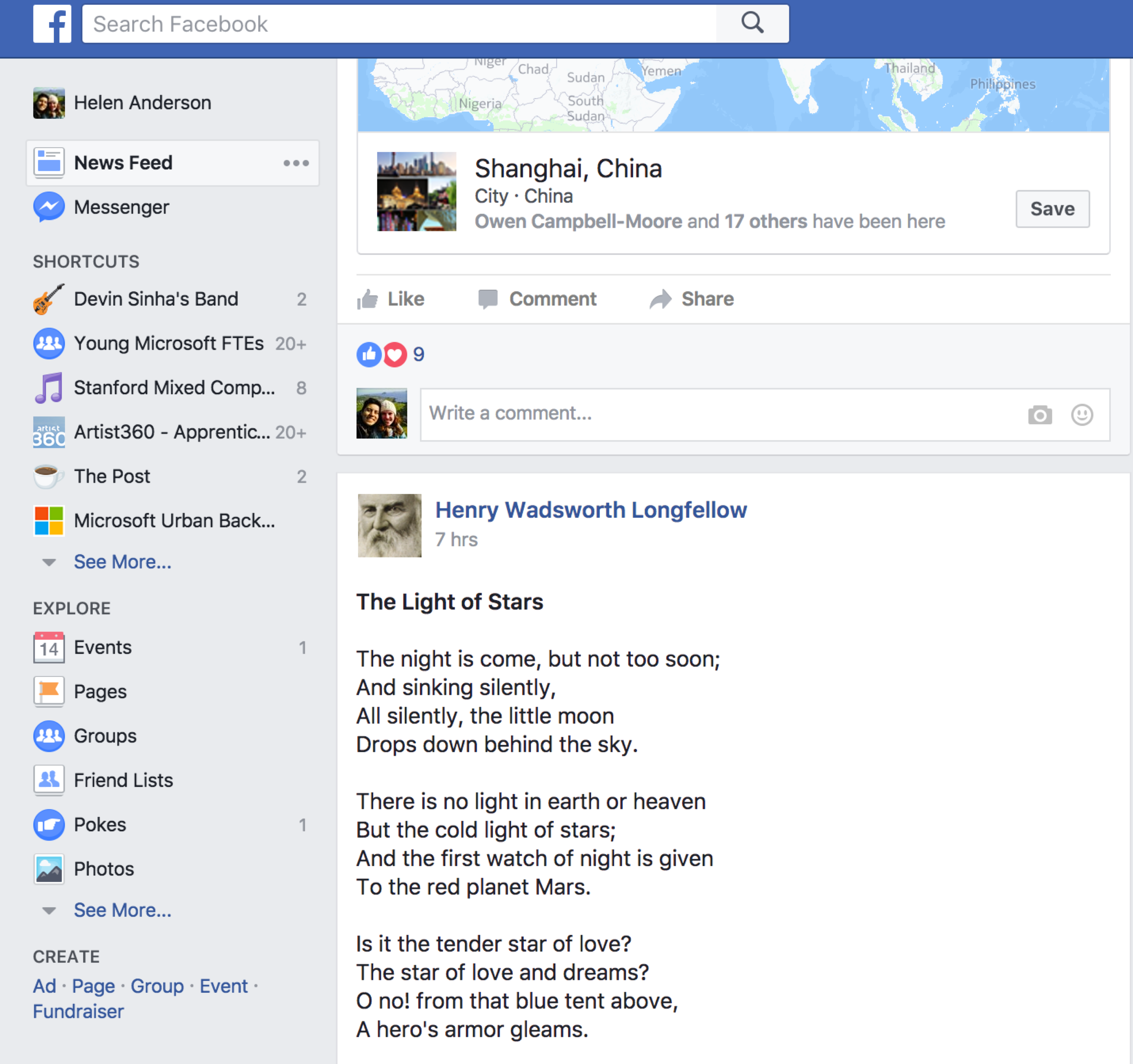 Screen shot of Facebook news feed with an ad replaced by a poem by Henry Wadsworth Longfellow