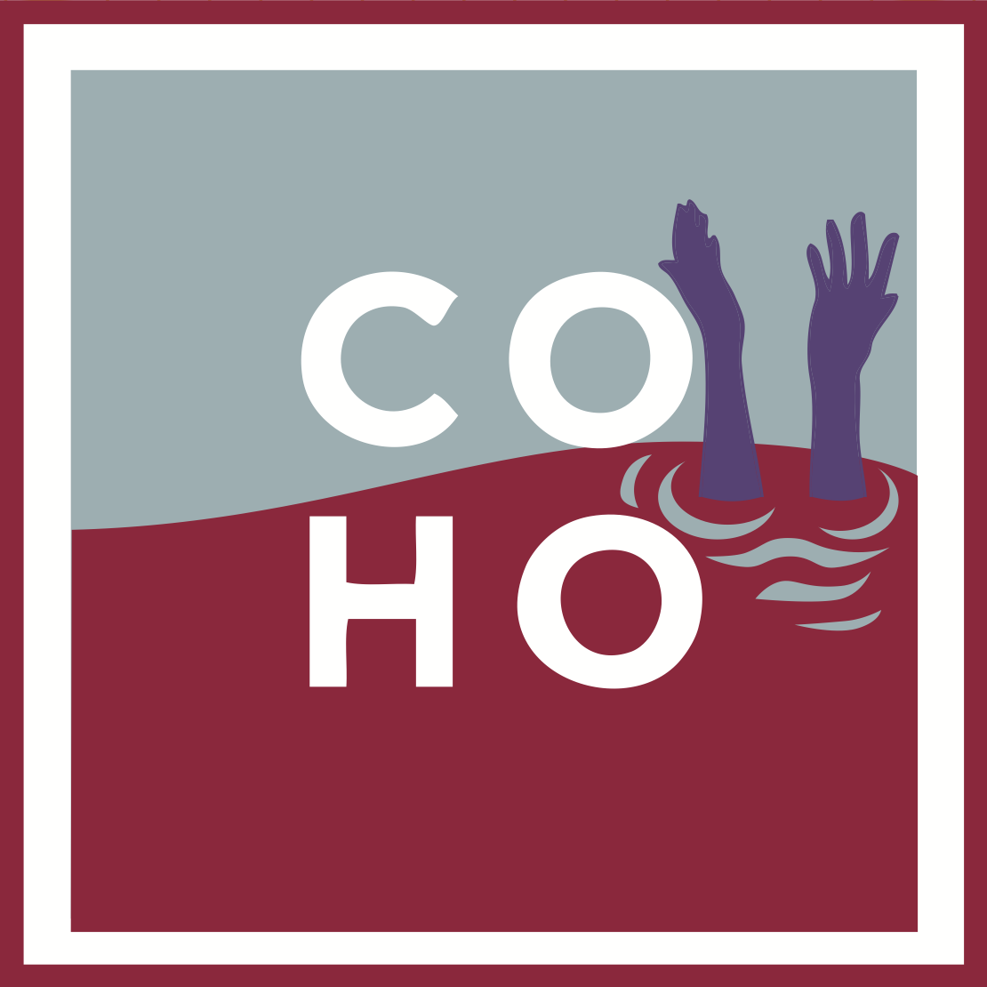 Half-empty logo. CoHo logo with a background where a set of arms is reaching out of the water.