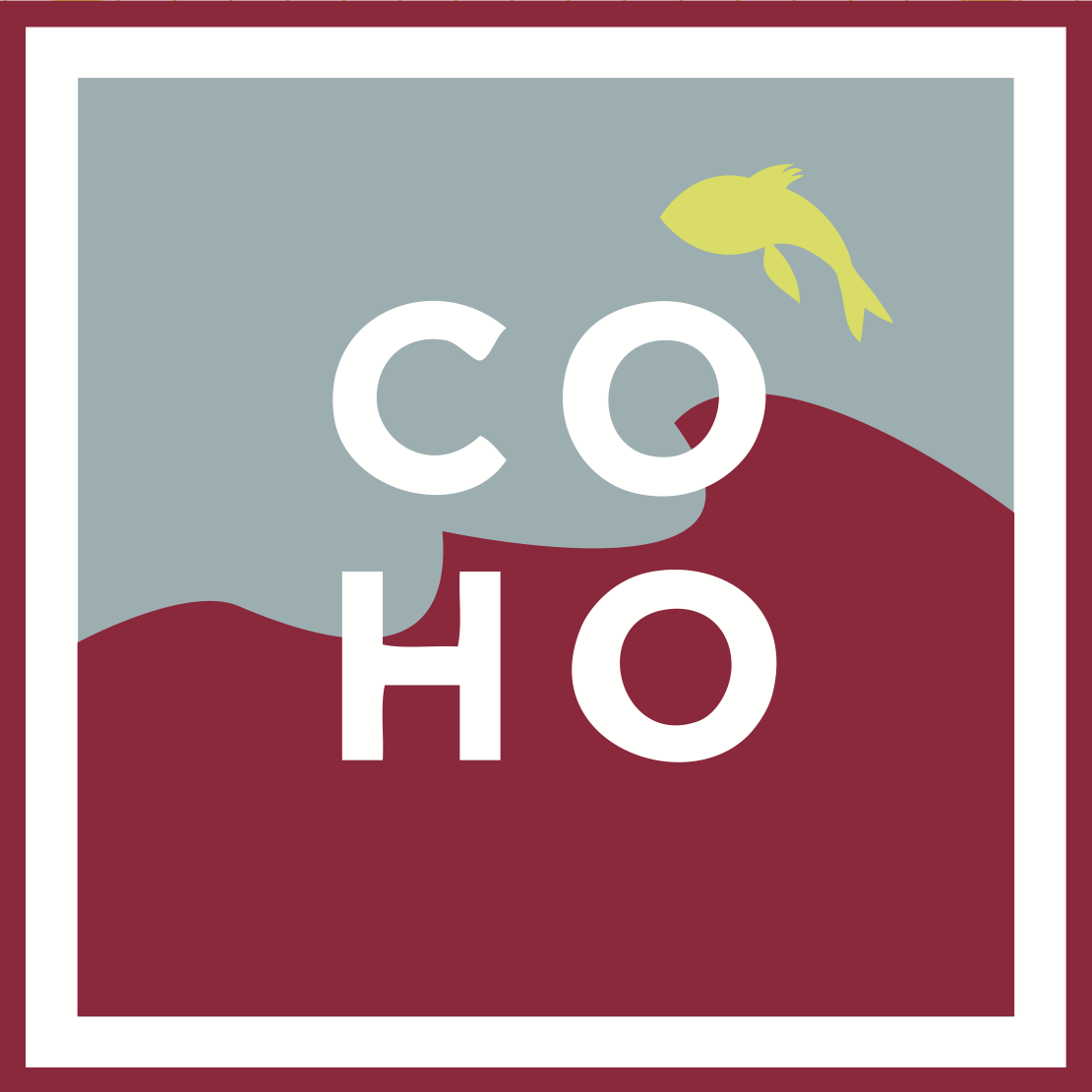 Half-full logo. CoHo logo with a background where a fish is jumping over the water.