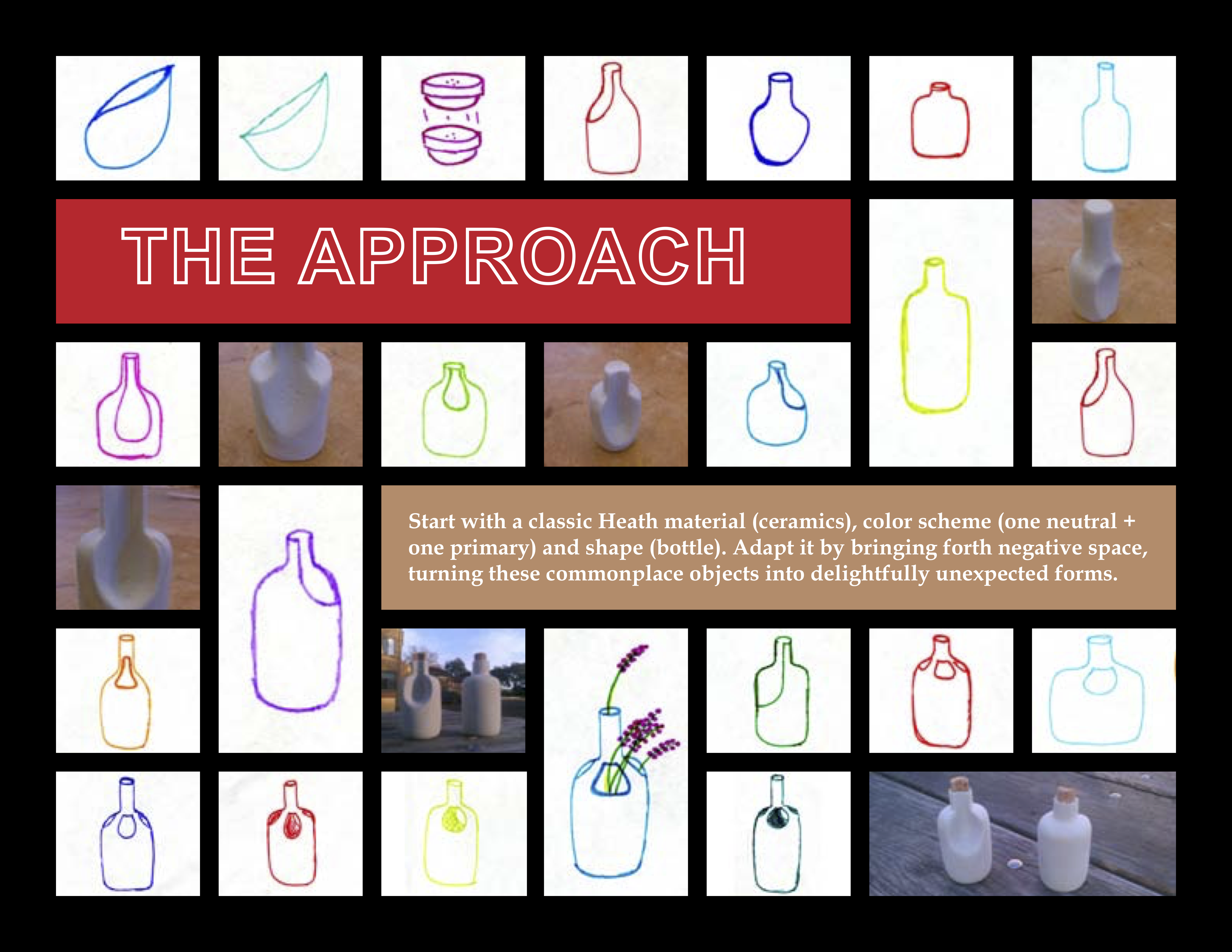 Grid of images containing ideation sketches interspersed with photos of 3D models made of foam. Text: The approach. Start with a classic Heath material (ceramics), color scheme (one neutral + one primary) and shape (bottle). Adapt it by bringing forth negative space, turning these commonplace objects into delightfully unexpected forms.