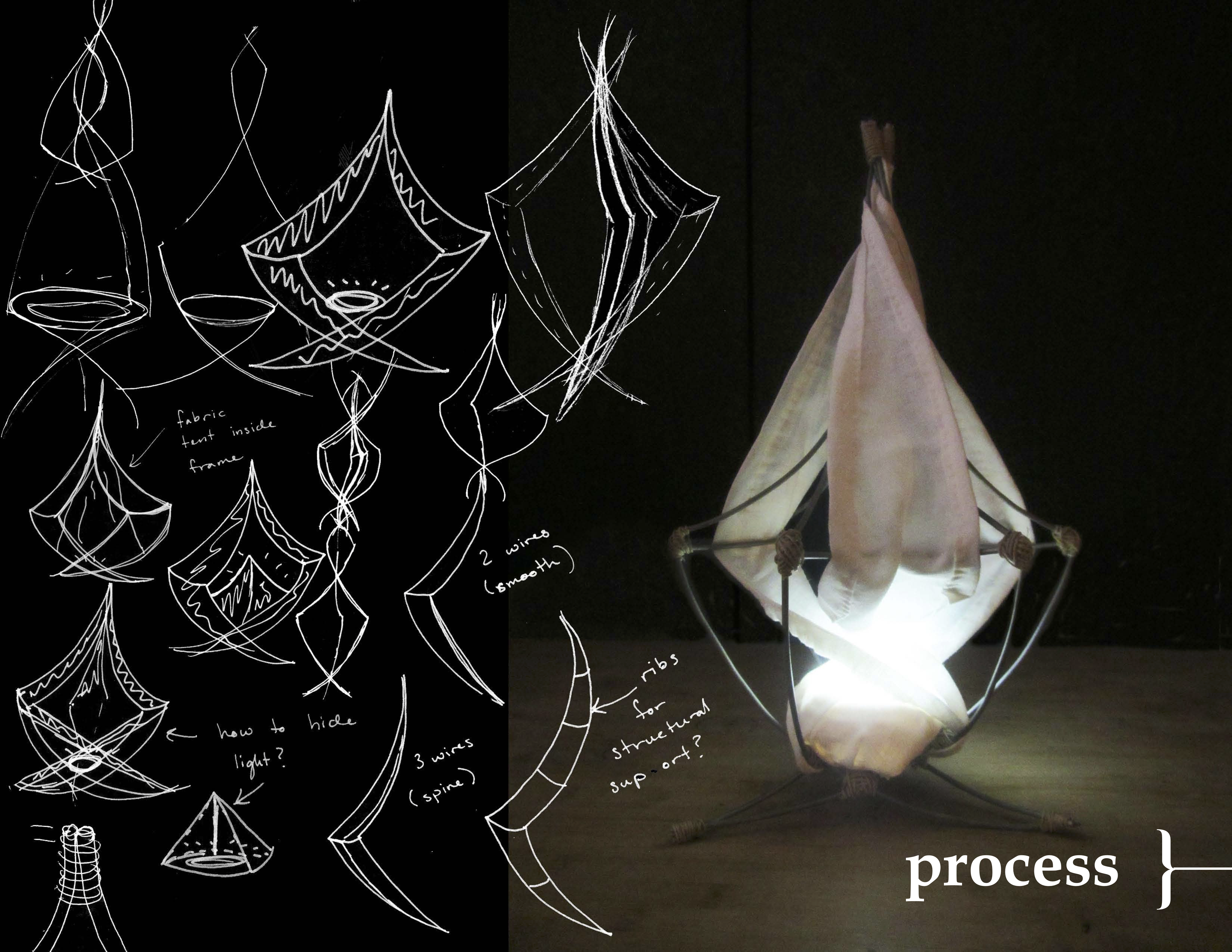 Ideation sketches of lamp shape next to a photo of the final lamp, which is constructed from bent wire wrapped in white cloth