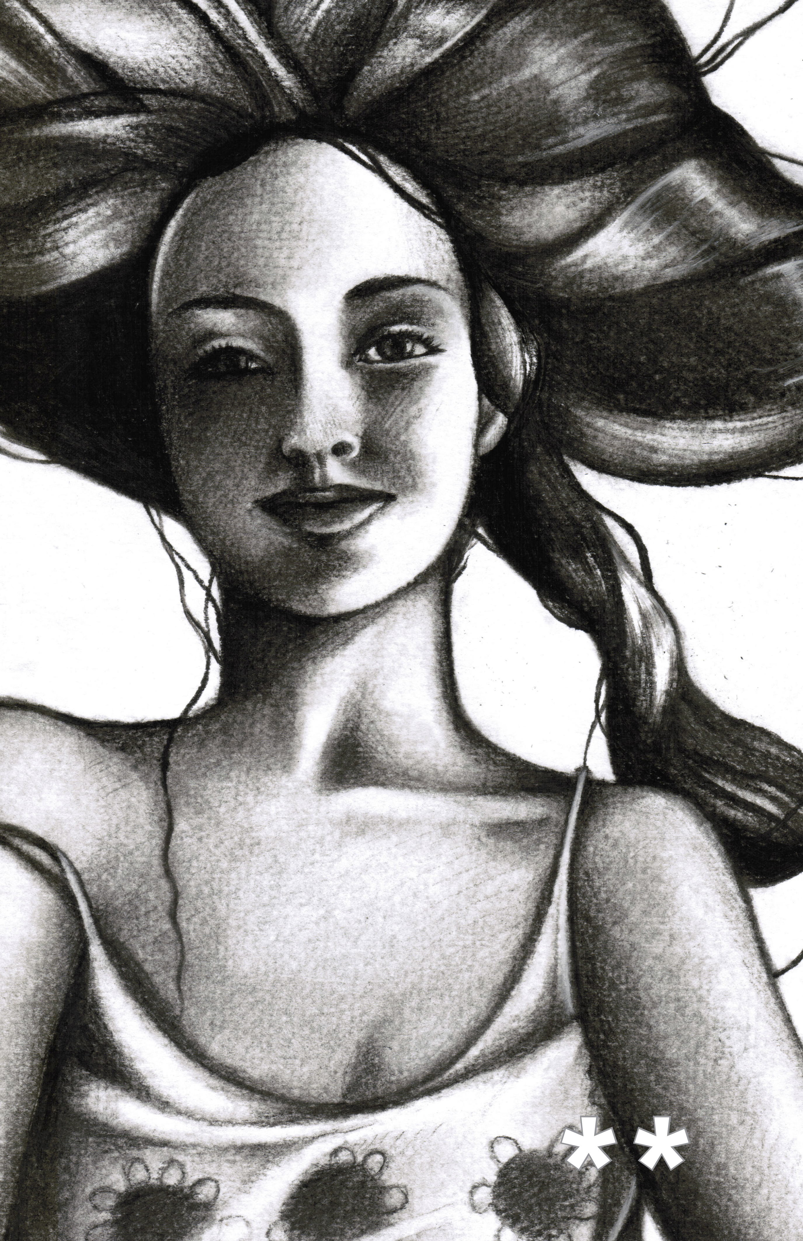 Student drawing of girl with billowing hair and a flowered tank top